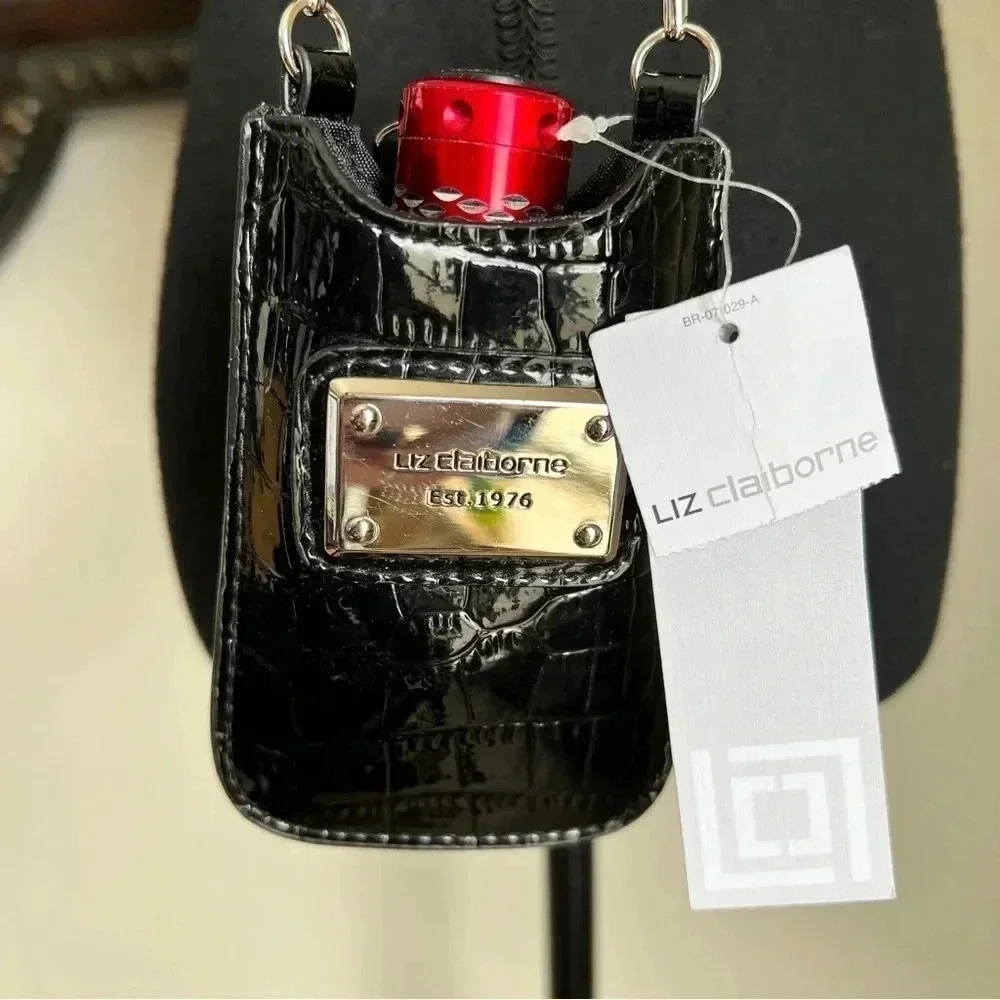 Liz Claiborne Phone & ID Holder Black Reptile Patent Vegan Leather Crossbody